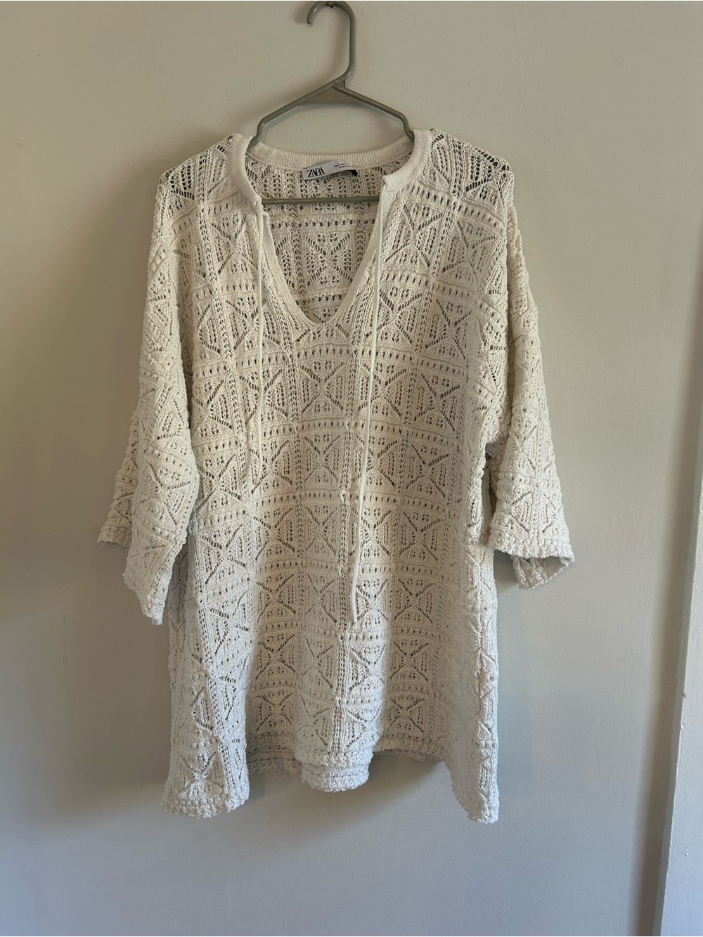 Zara Cream Crochet V‑Neck Swim Cover-Up Tunic